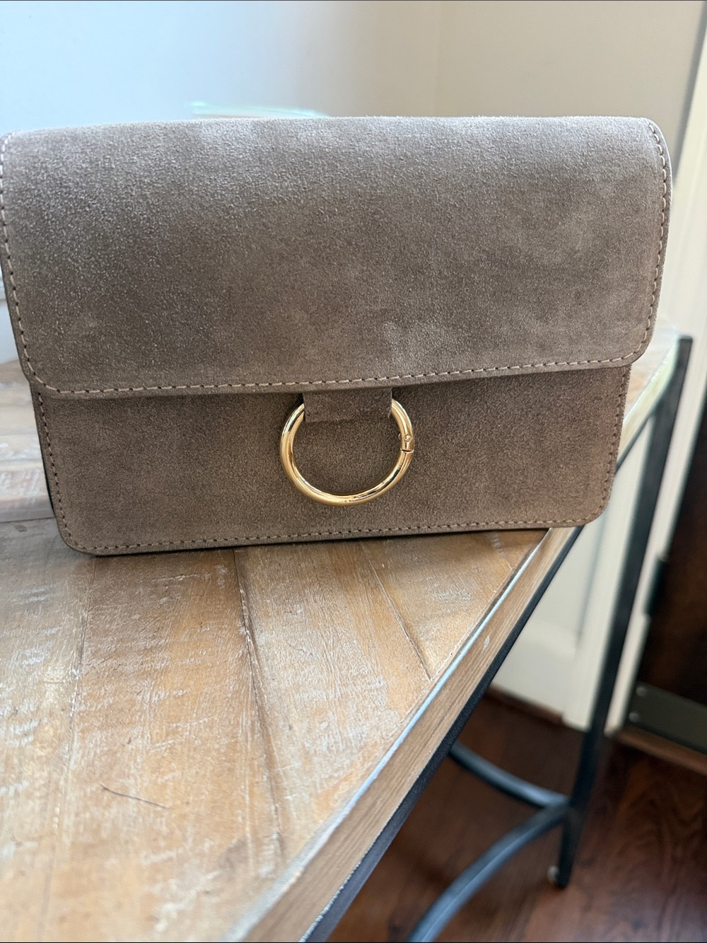 Suede Flap Crossbody Bag in Taupe with Gold Ring